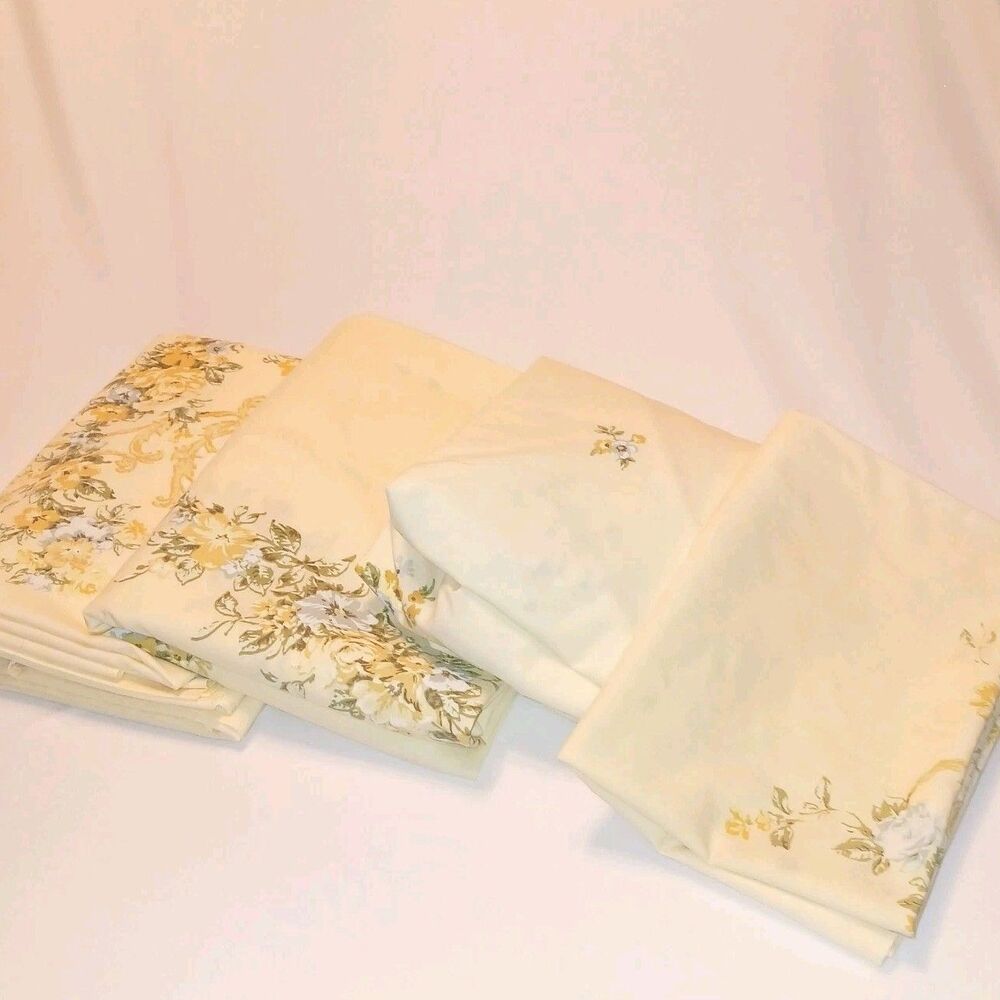 Utica No Iron Percale Twin Sheets 4 Piece Lot Cream Yellow Blue Floral Scroll